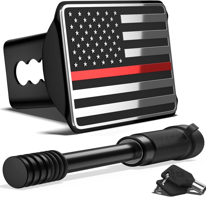 OGYE Heavy American Flag Metal Trailer Hitch Cover for 2 Inch Receivers (with 5/8-inch Pin Diameter Trailer Hitch Lock,Chrome&Thin Red Line) - Image 1